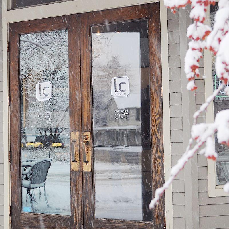 Lost Coffee Cafe doors on a snowy day