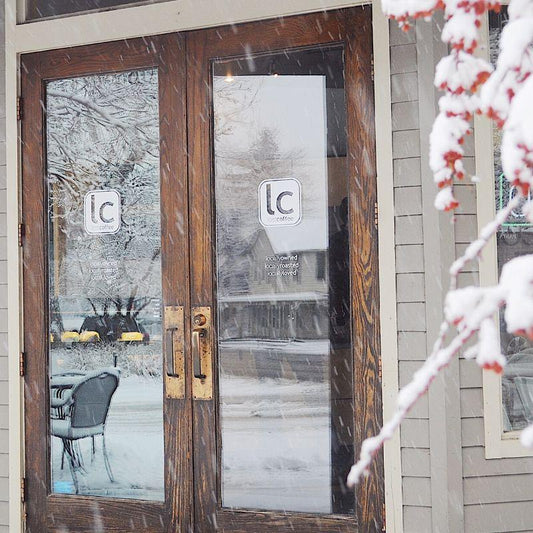 Lost Coffee Cafe doors on a snowy day