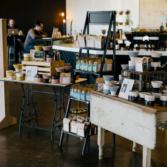 Otis Craft Collective cafe display with coffee accessories