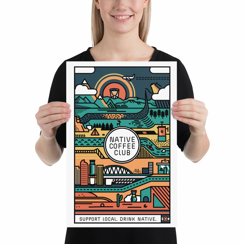 Woman holding print of Colorado scenery and specialty coffee print from Native Coffee Club with Downtown Denver, mountains, deserts, and rivers with coffee themes intertwined.